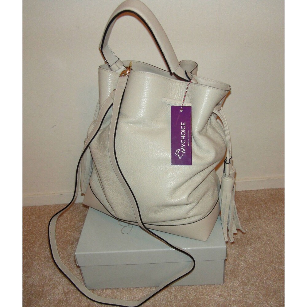 My Choice Elba Beige Drawstring Bucket Leather Shoulder Purse Hobo Bag
